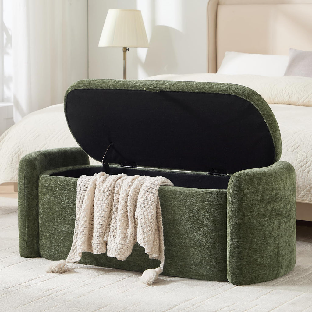 Green Chenille Upholstered Storage Ottoman Bench X569