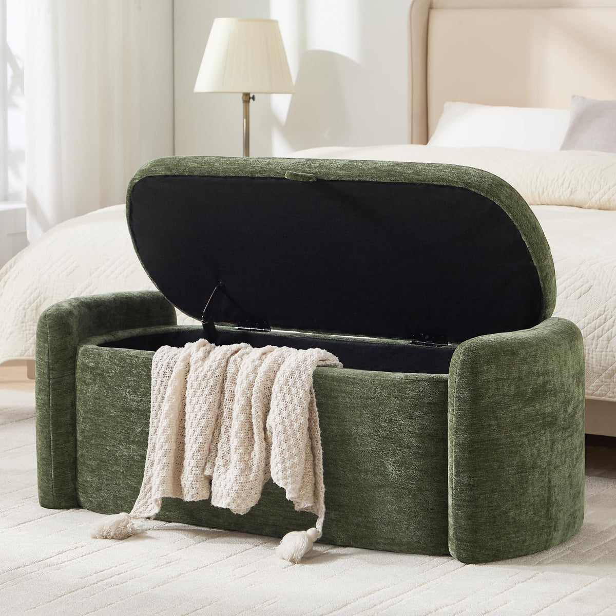 Green Chenille Upholstered Storage Ottoman Bench X569