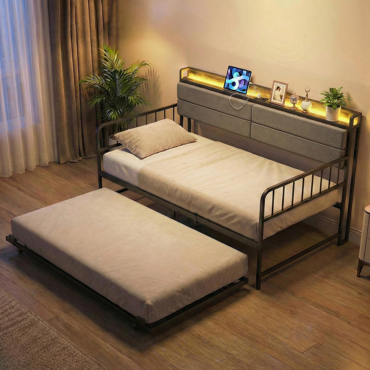 Twin Size Metal Daybed with Trundle and LED Light I3557