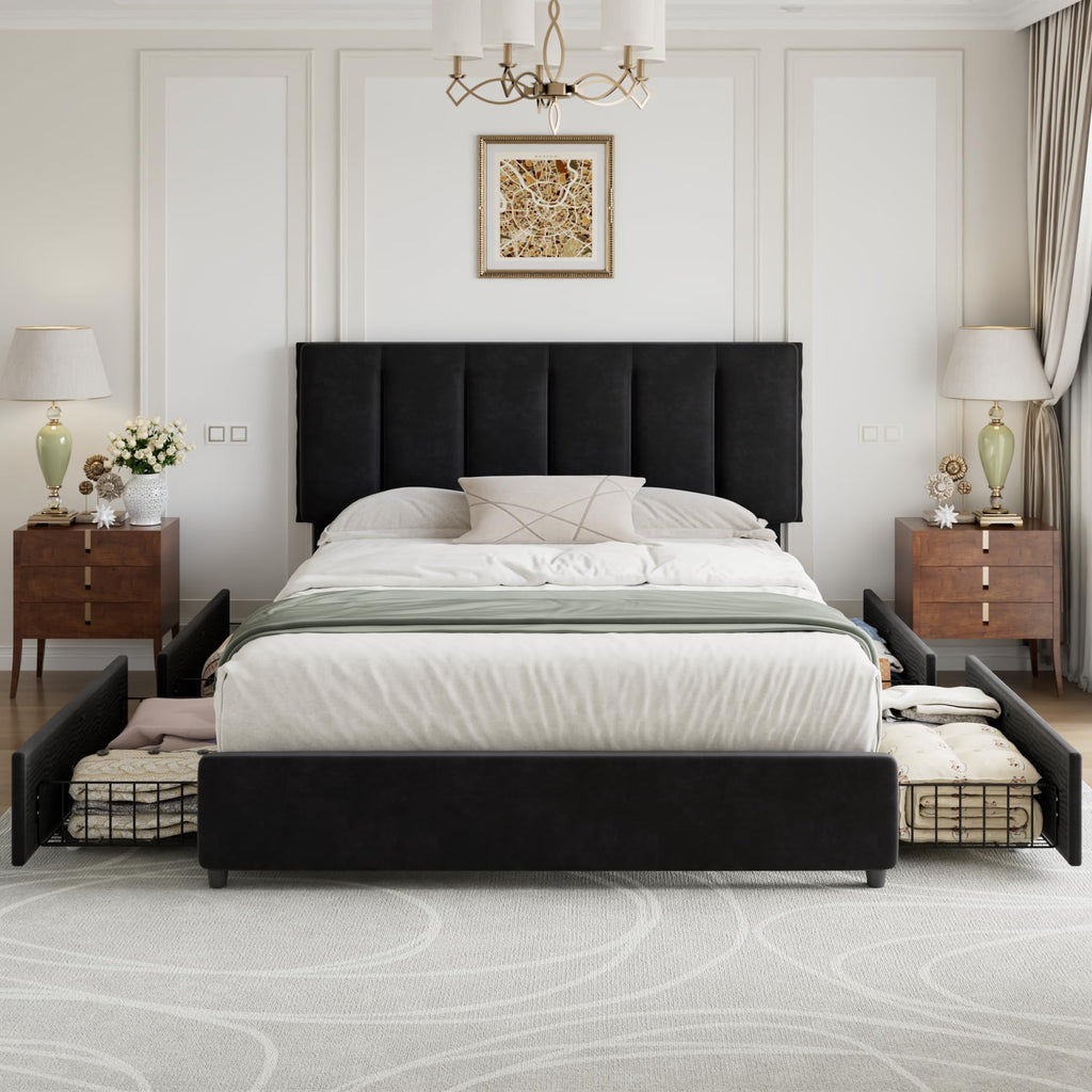 Queen Size Black Bed Frame with 4 Storage Drawers O124722