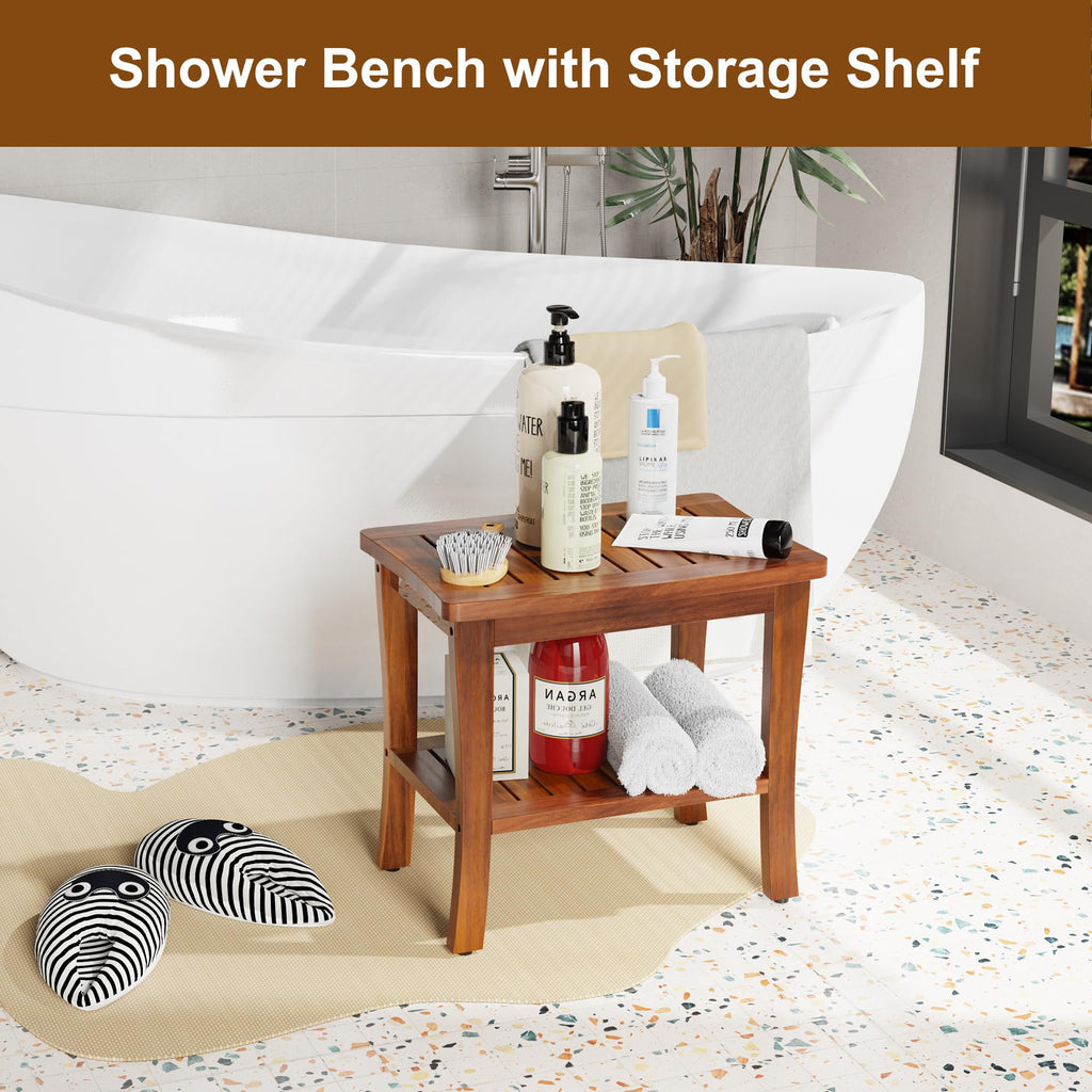 Teak Wood Shower Bench Stool with Storage Shelf I999364