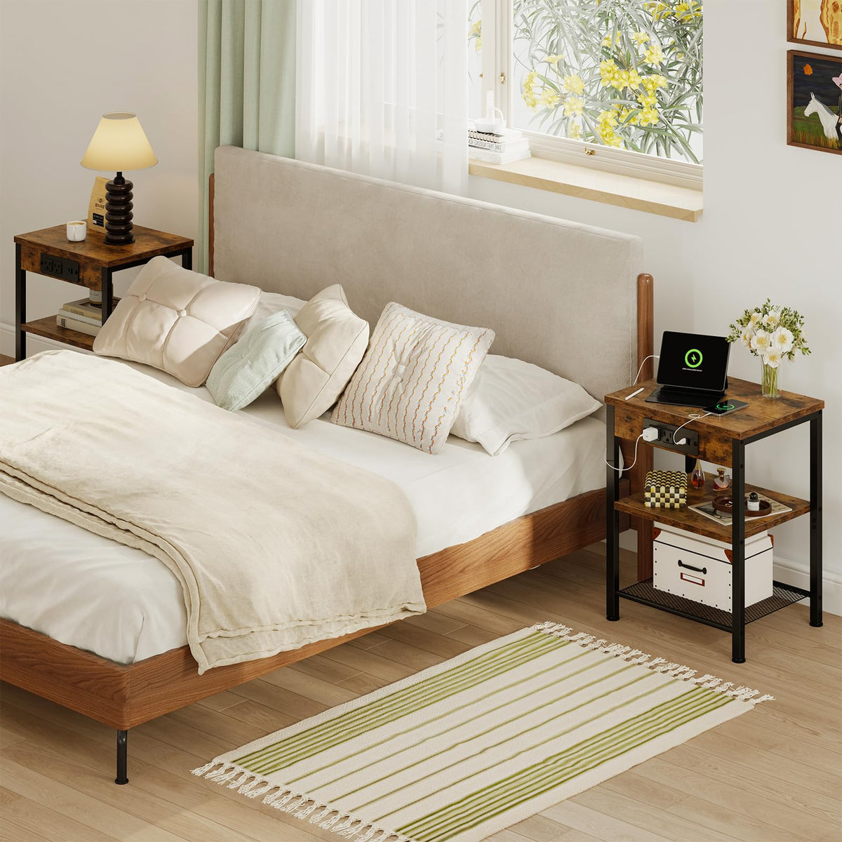 Nightstand with Charging Station, 3-Tier Bedside Table H683