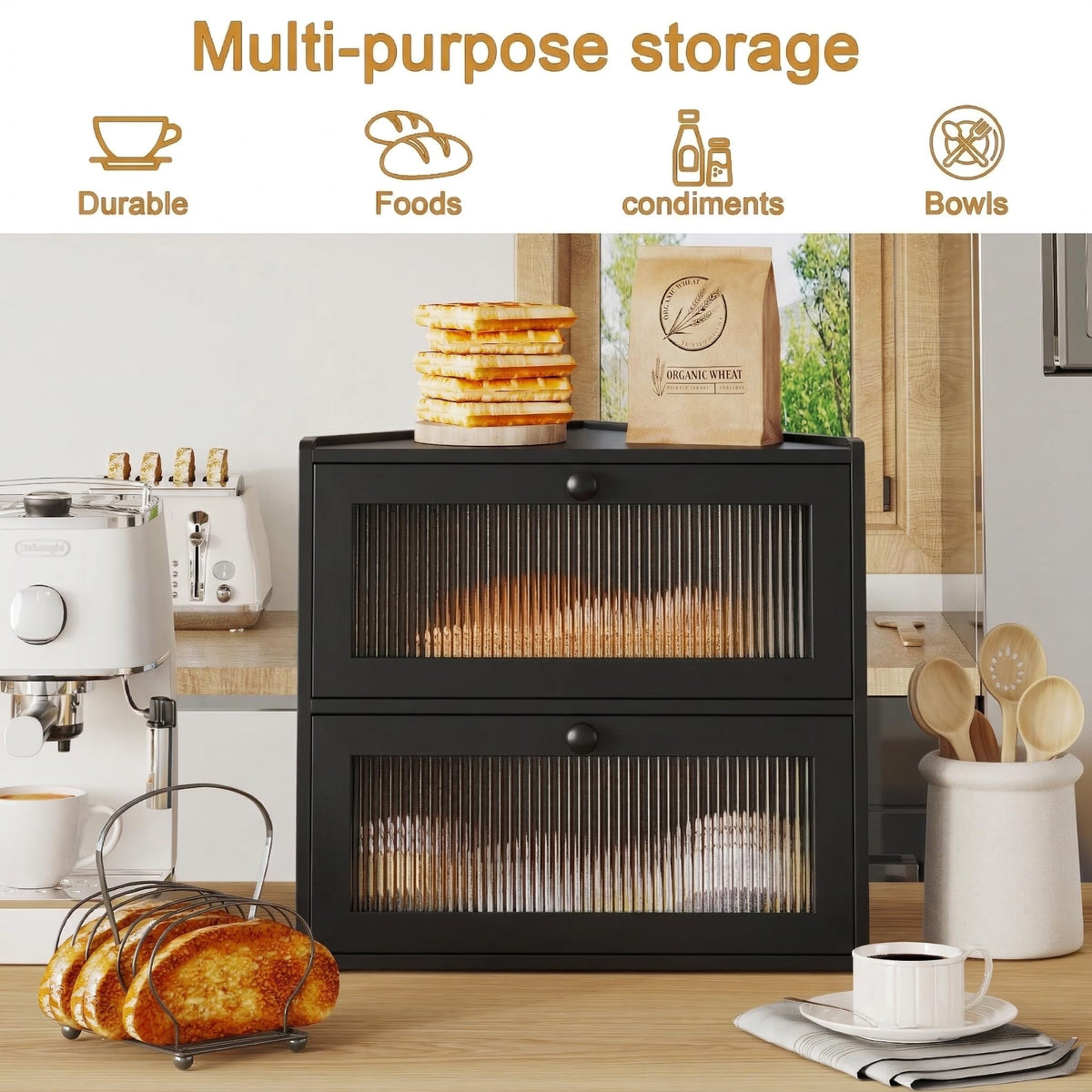 Double Layer Bamboo Bread Box with Wavy Windows Z903