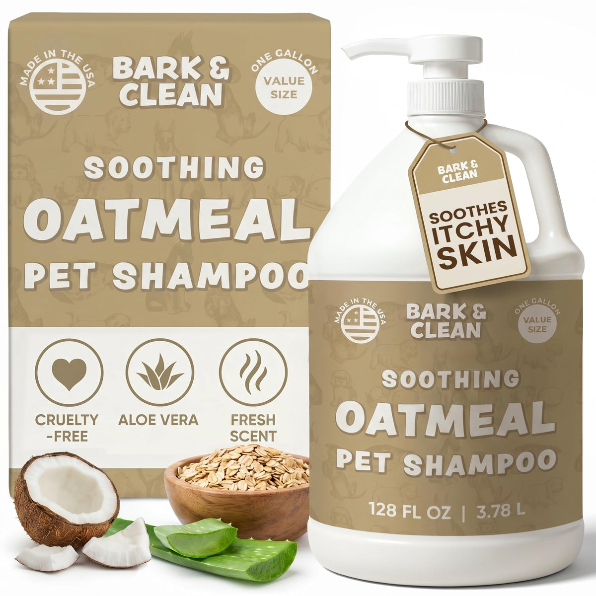 Oatmeal Dog Shampoo 1 Gallon with Pump Hypoallergenic Aloe Vera Coconut Oil I516