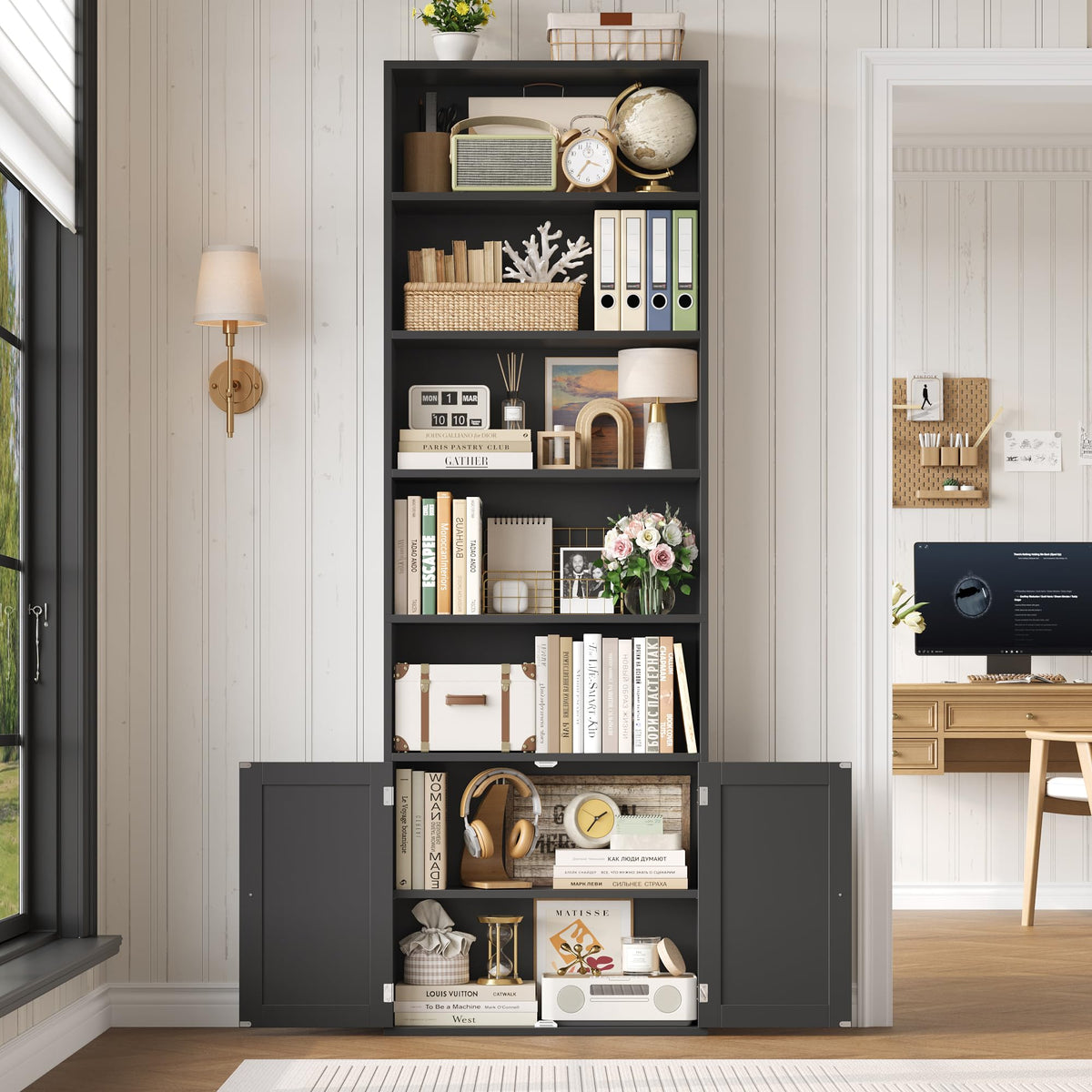 82" Tall Black Bookcase with Doors Z878451