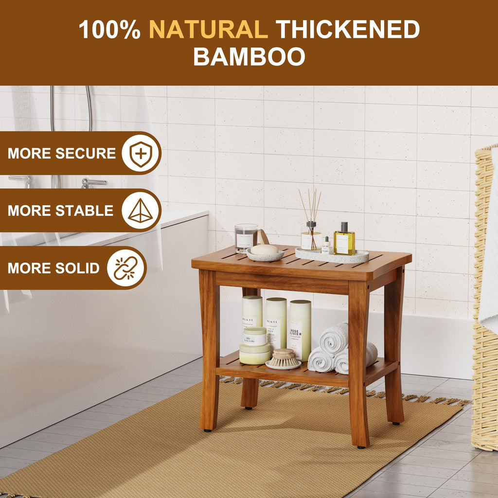 Teak Wood Shower Bench Stool with Storage Shelf I999364