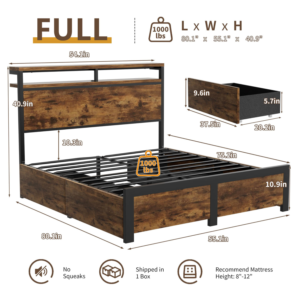 Full Bed Frame with 4 Storage Drawers Y10687