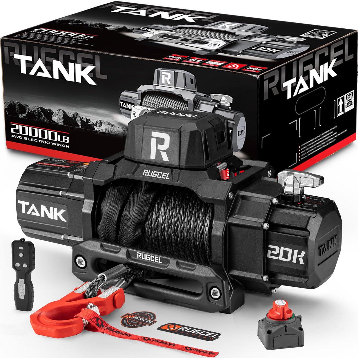 20000lb 12V Heavy Duty Waterproof Electric Synthetic Rope Winch E19405