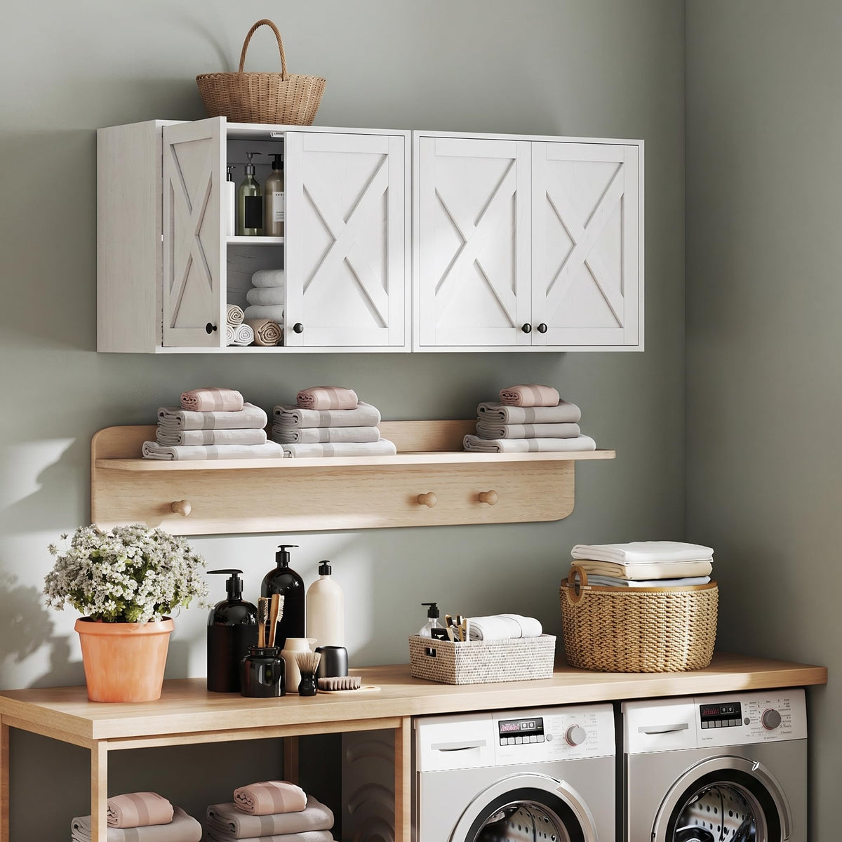 White Wall Mounted Laundry Room Cabinets I931