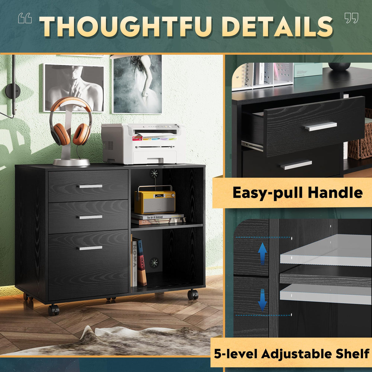 Wood 3 Drawer Black File Cabinet M969
