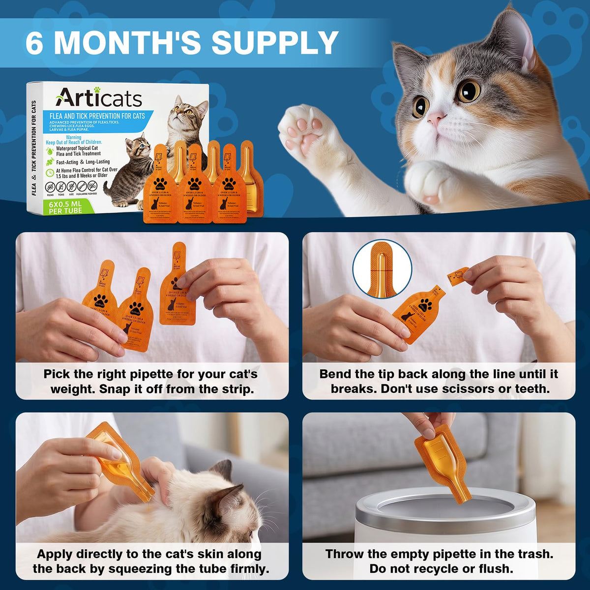 Flea and Tick Prevention for Cats & Kittens, Topical Cat Flea and Tick Treatment 6-Dose V450779