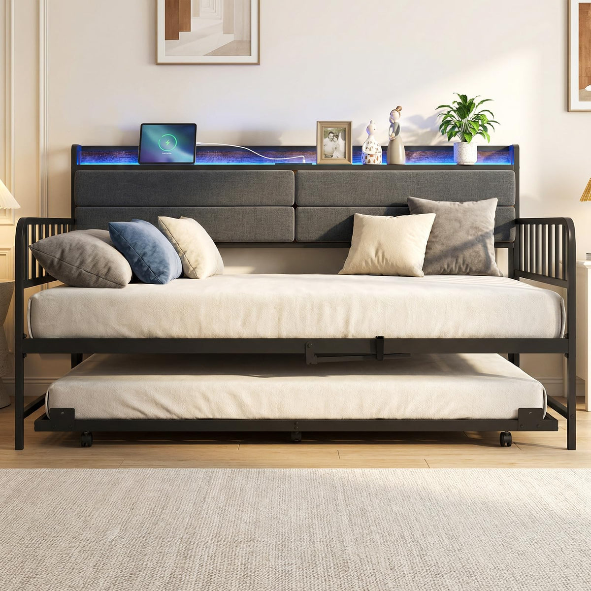 Twin Size Metal Daybed with Trundle and LED Light I3557
