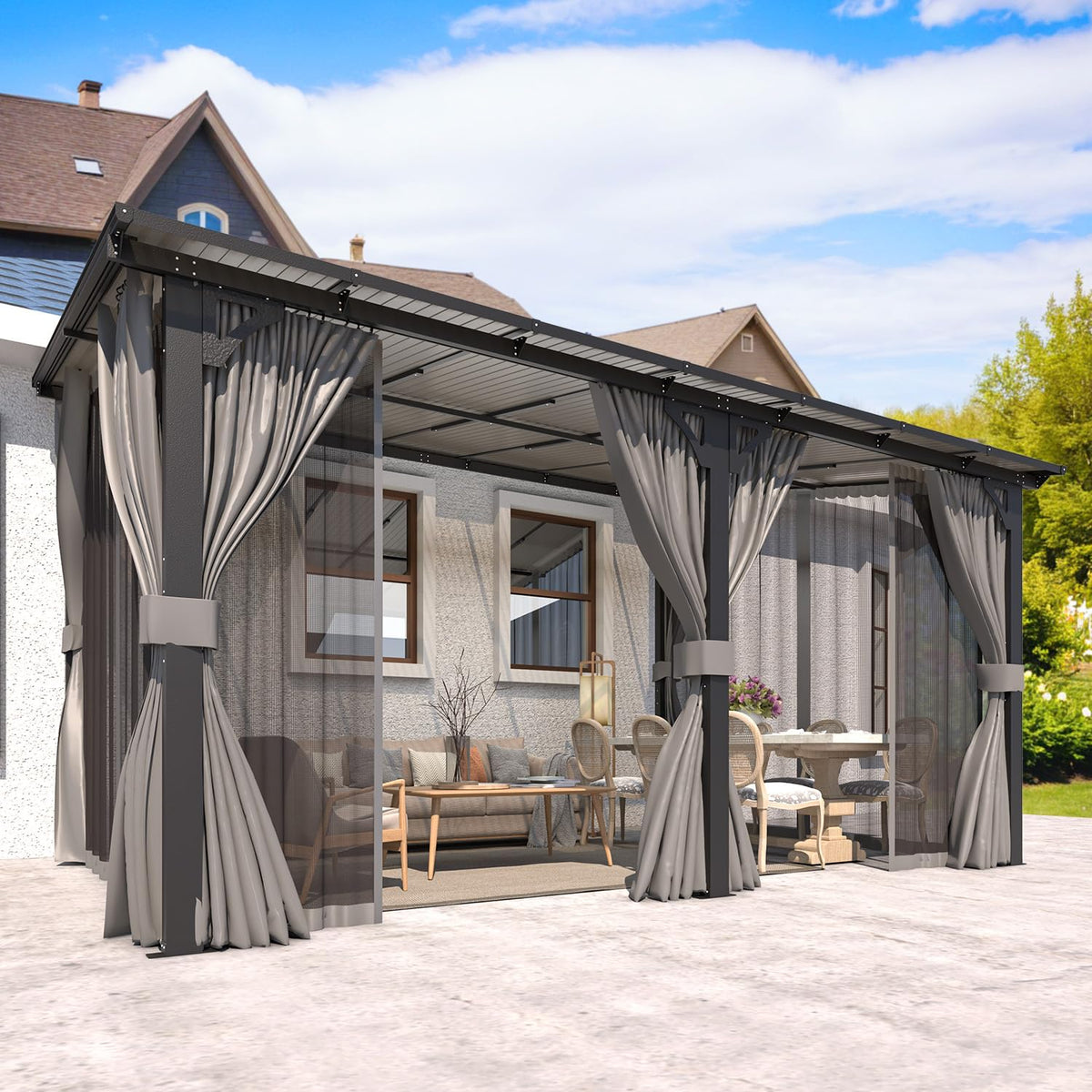 14' x 10' Hard Top Lean to Gazebo with Curtains and Mosquito Netting E58778