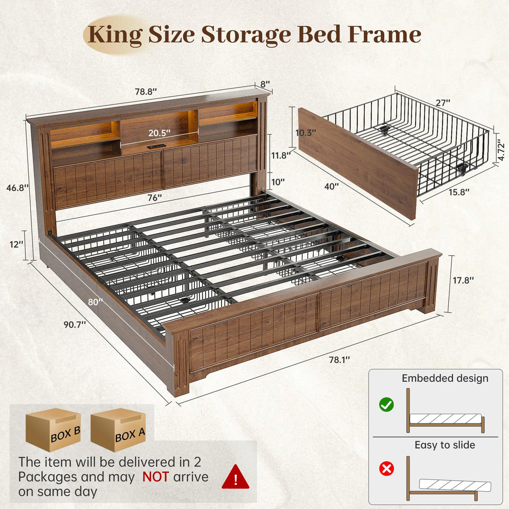 King Bed Frame with 4 Storage Drawers and Headboard Shelf, Brown C94323