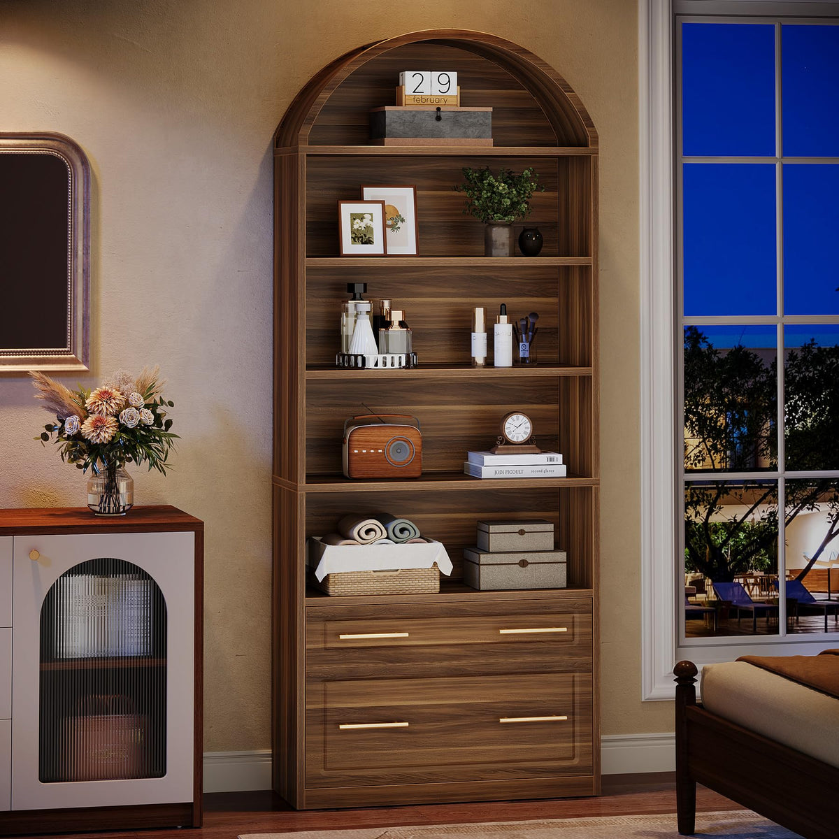 76.8" Tall Arched Bookcase with File Cabinet Drawer, Walnut Brown H307523