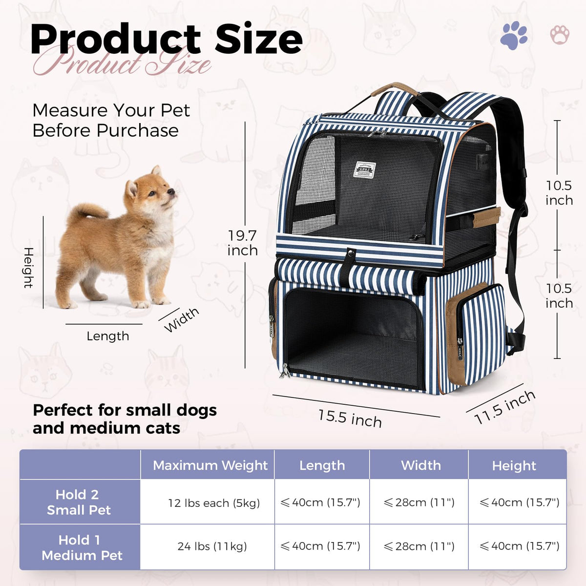 Double Cat Backpack Carrier for 2 Cats Blue Striped E21913