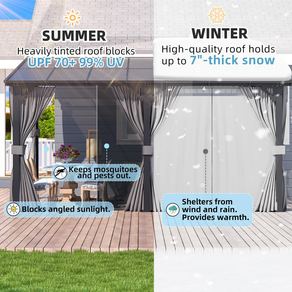 14' x 10' Hard Top Lean to Gazebo with Curtains and Mosquito Netting E58778