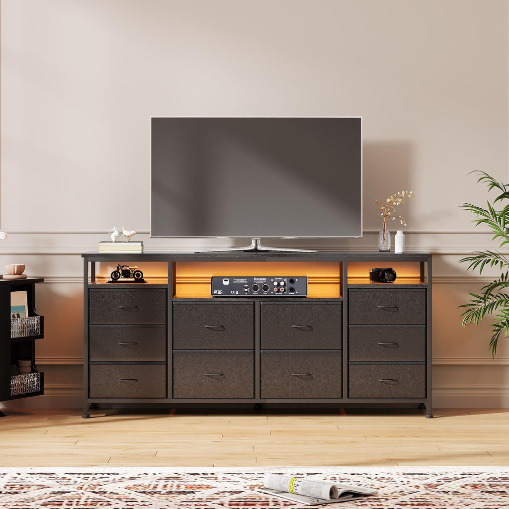 Black 10 Fabric Drawer Dresser with LED Lights & Power Outlets R9001