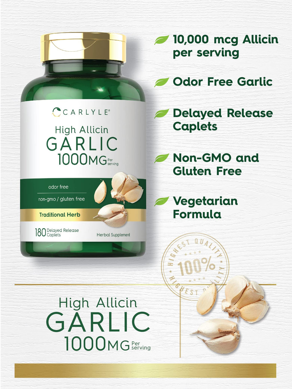 Odorless Garlic Supplement 1000mg 180 Caplets H872968