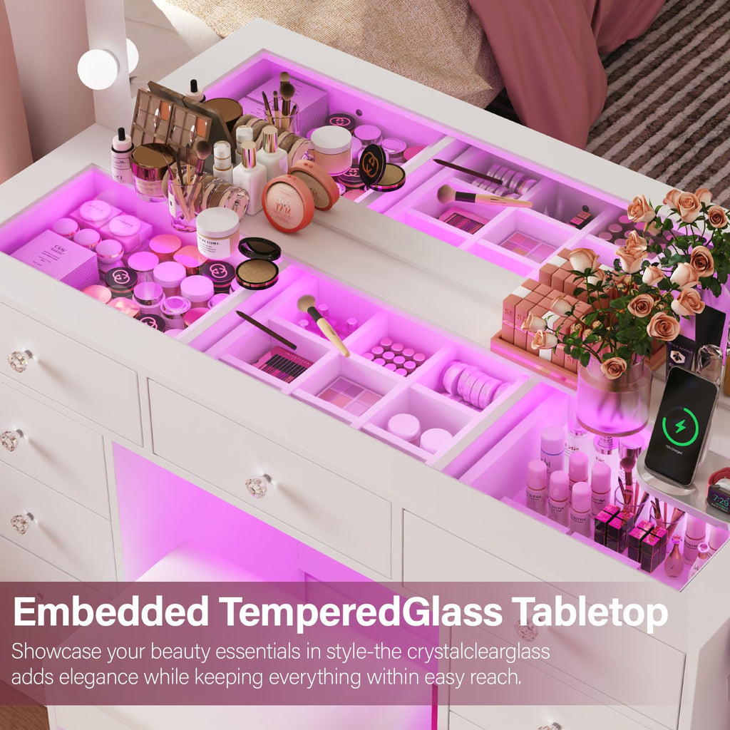 45" Large White Vanity Desk with RGB Lighting Y1296