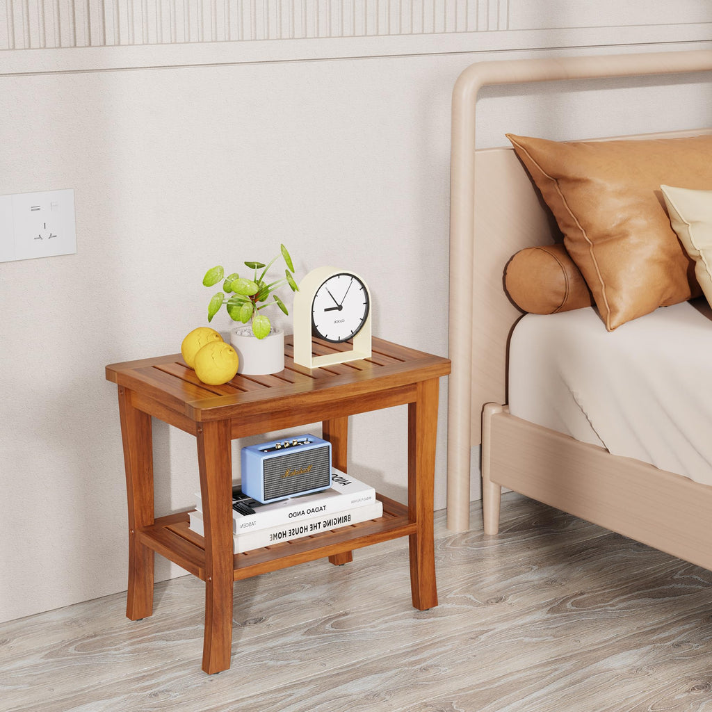 Teak Wood Shower Bench Stool with Storage Shelf I999364