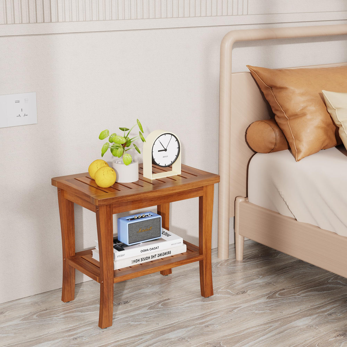 Teak Wood Shower Bench Stool with Storage Shelf I999364