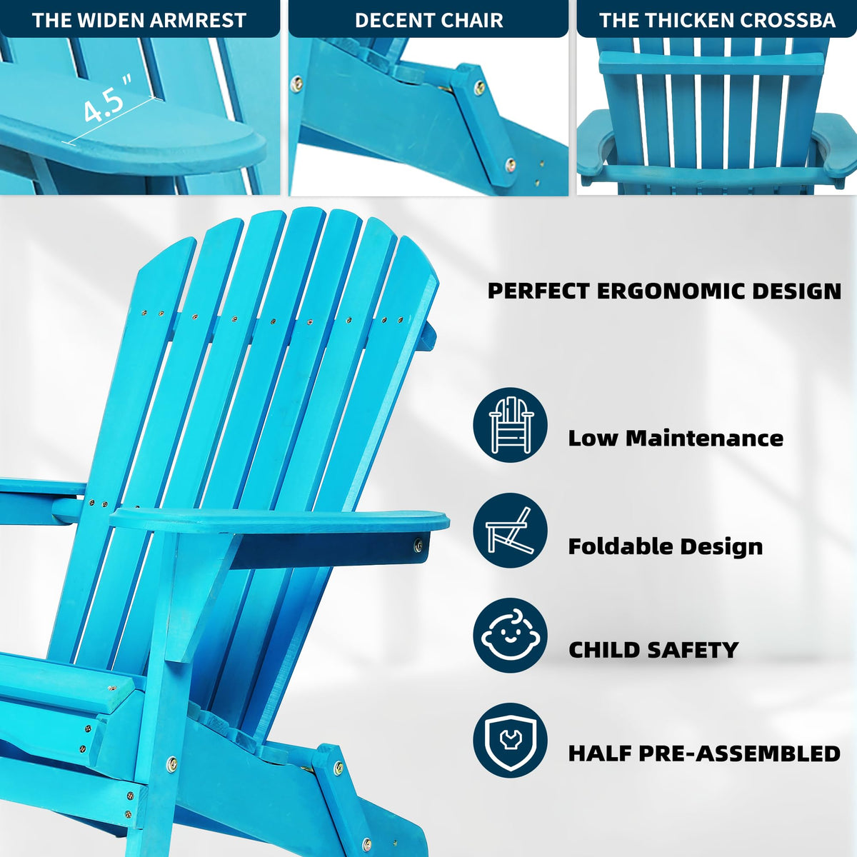 Light Blue Solid Cedar Wood Folding Adirondack Chair Set of 2 S607935