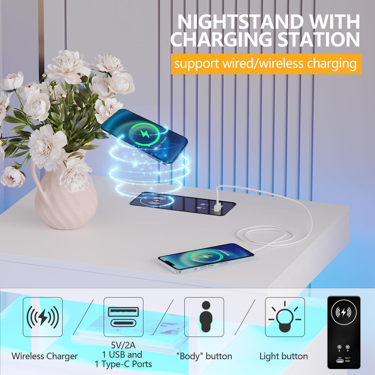 LED Nightstand with Charging Station White E21392