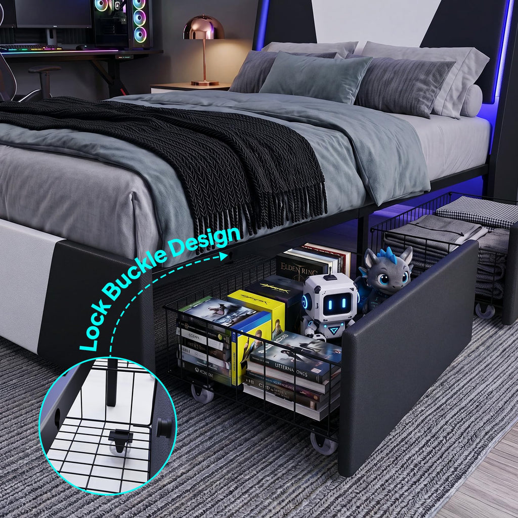 Full Size Bed Frame with Led Lights and 4 Storage Drawers G395442