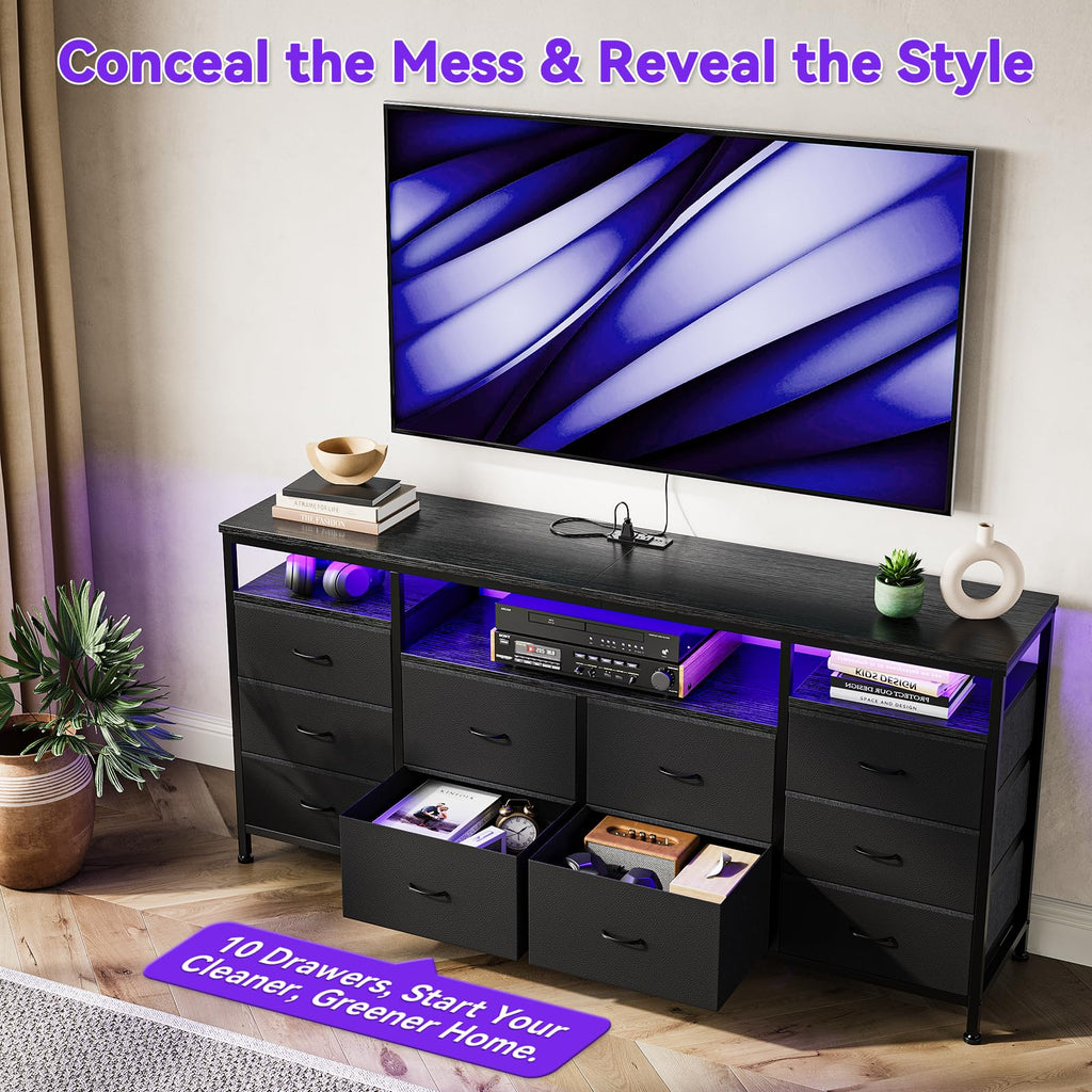 Black 10 Fabric Drawer Dresser with LED Lights & Power Outlets R9001