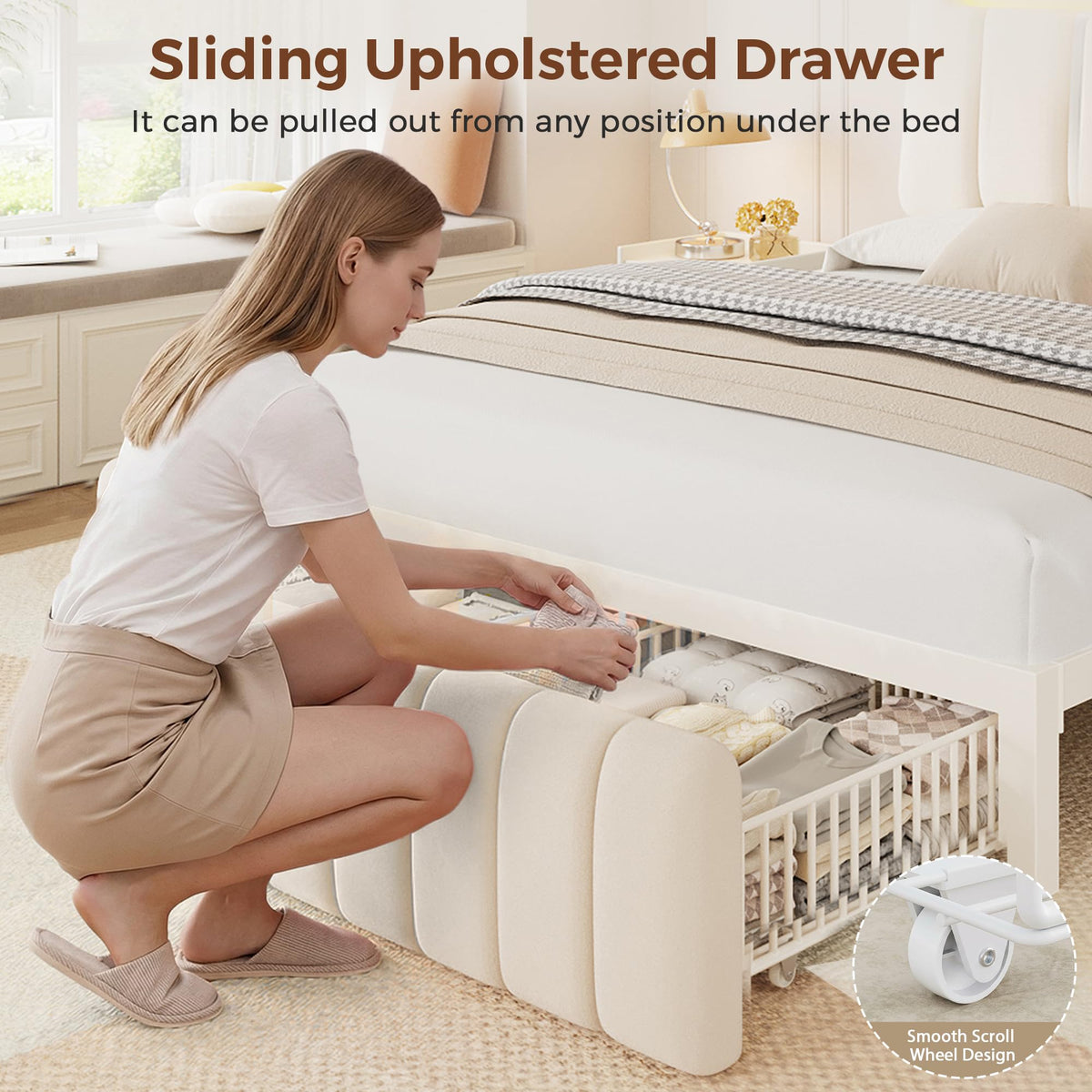 White Upholstered Storage Bed Frame Full Size with Drawers and Charging Station J7639