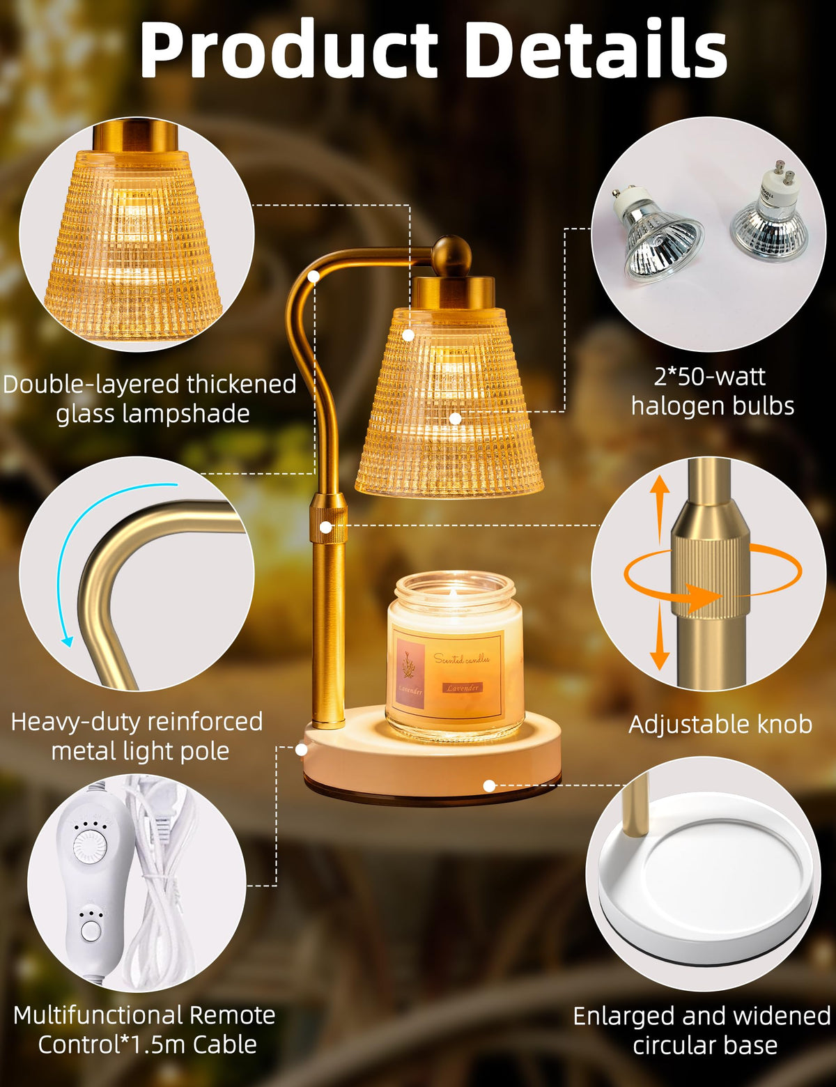 Height Adjustable Dimmable Candle Warmer Lamp with Timer V464024