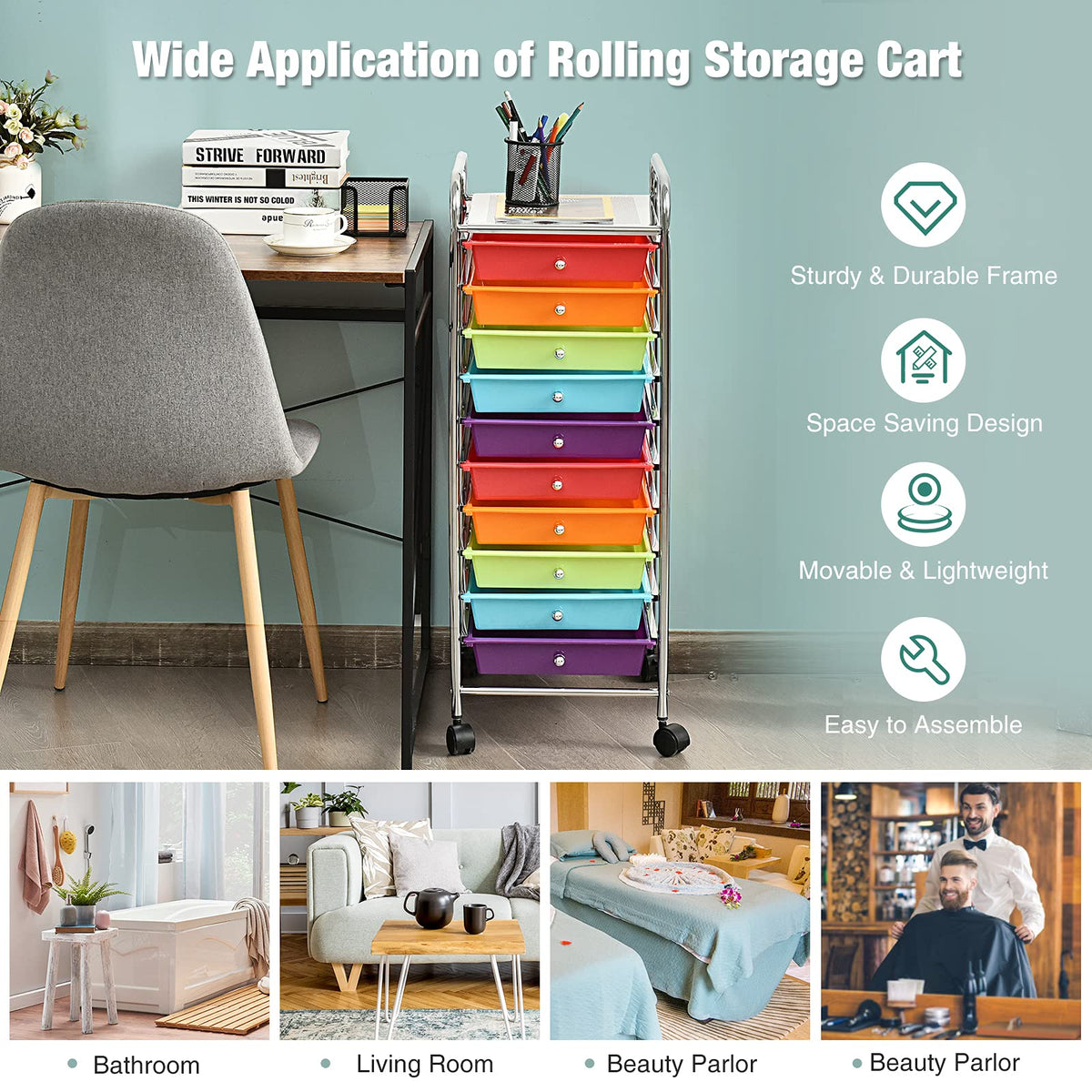 10 Drawer Multicolor Alloy Steel Storage Cart V3669