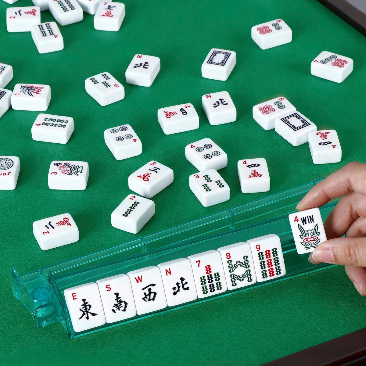 166 Tiles 4 Colors Mahjong Set with Rack Pushers Soft Bag K301