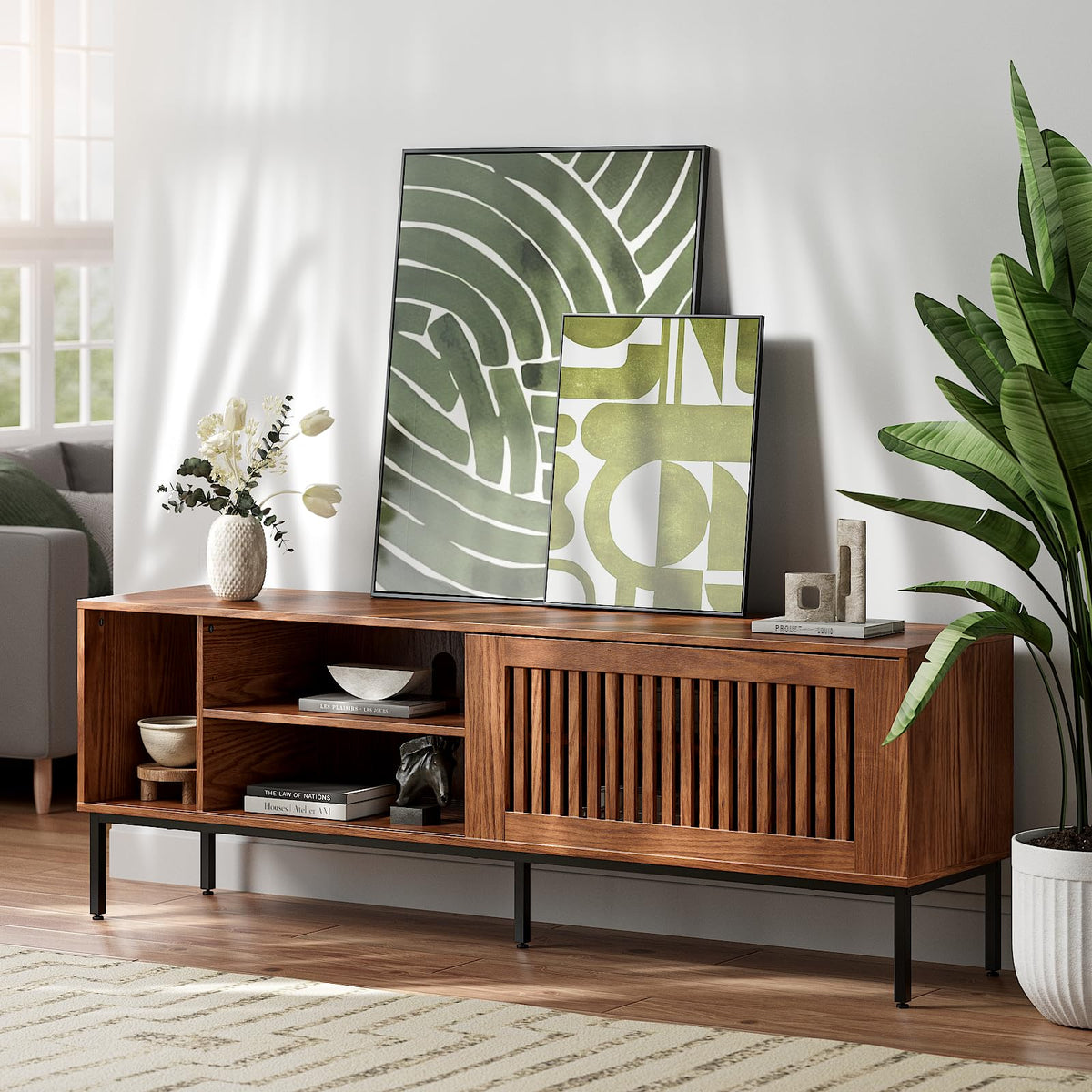 Farmhouse TV Stand for 65-70 Inch TVs with Sliding Barn Door S7387