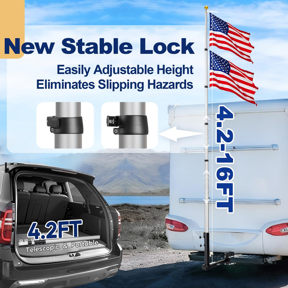 16FT Silver Thickened Aluminum RV Flagpole C286