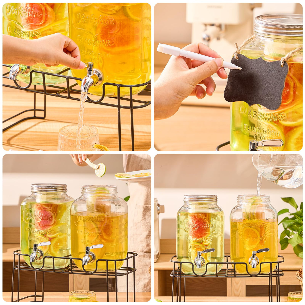 1 Gallon Glass Drink Dispenser with Stand, 2 Pack T215716