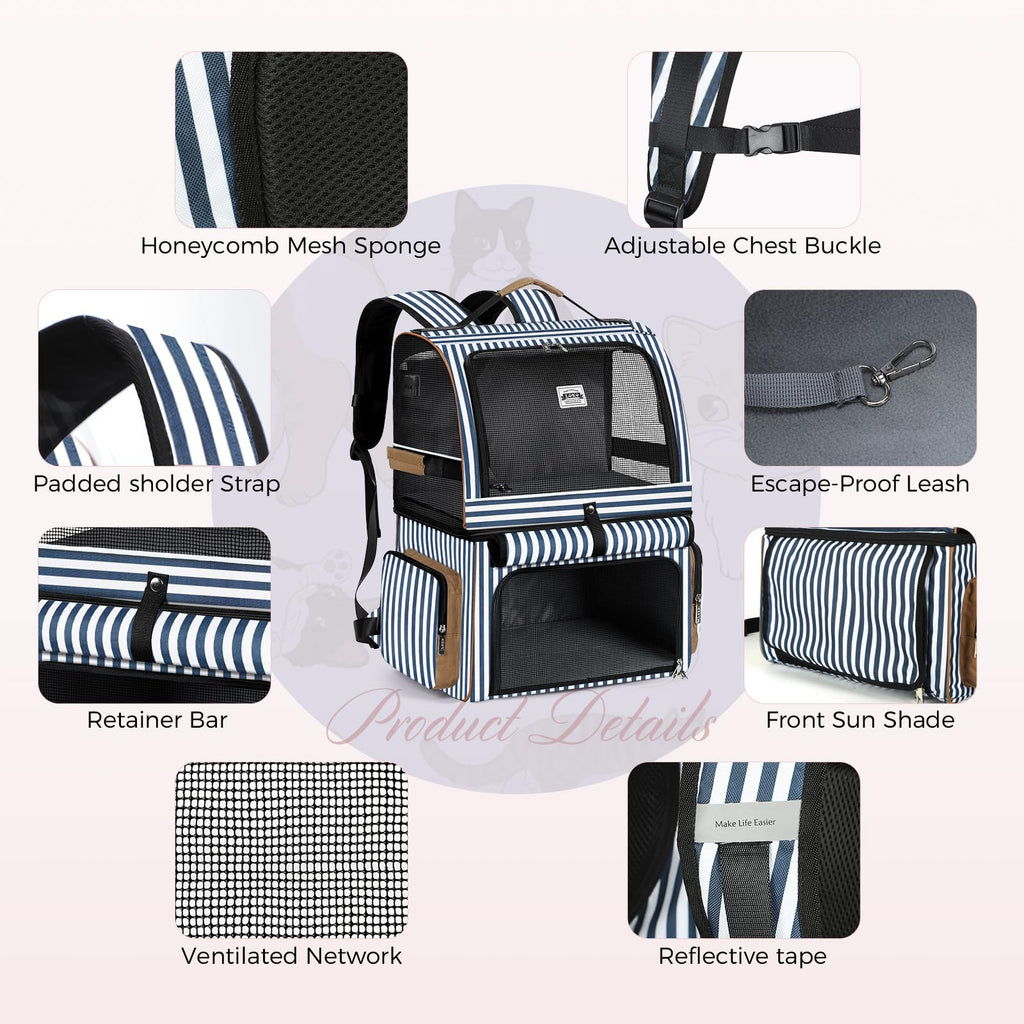 Double Cat Backpack Carrier for 2 Cats Blue Striped E21913