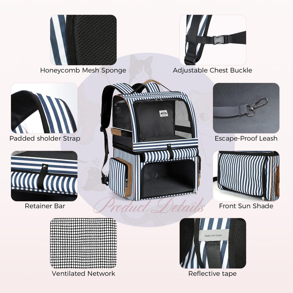 Double Cat Backpack Carrier for 2 Cats Blue Striped E21913