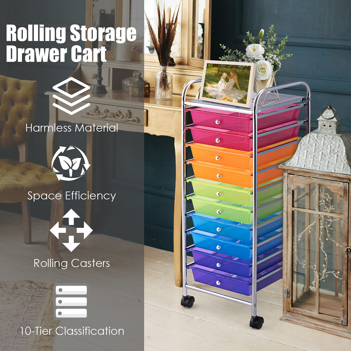 10 Drawer Rolling Storage Cart with Lockable Wheels M3247