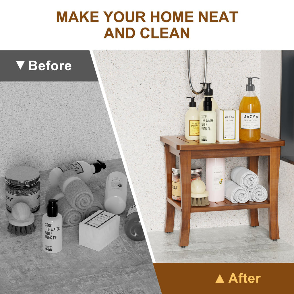 Teak Wood Shower Bench Stool with Storage Shelf I999364