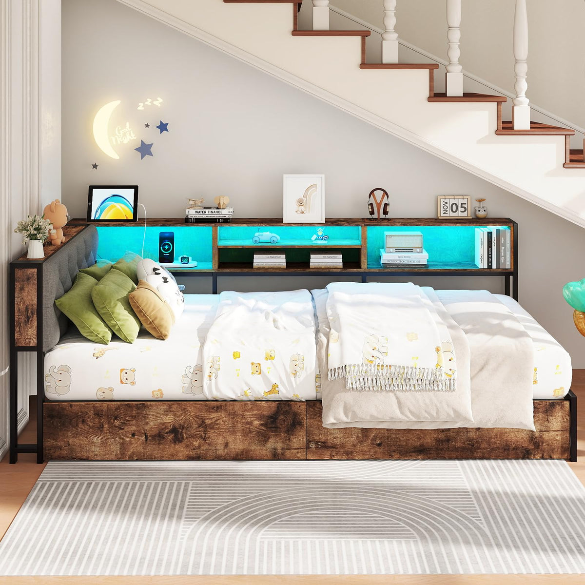 Twin Size Corner Bed Frame with Storage and Headboard V41893