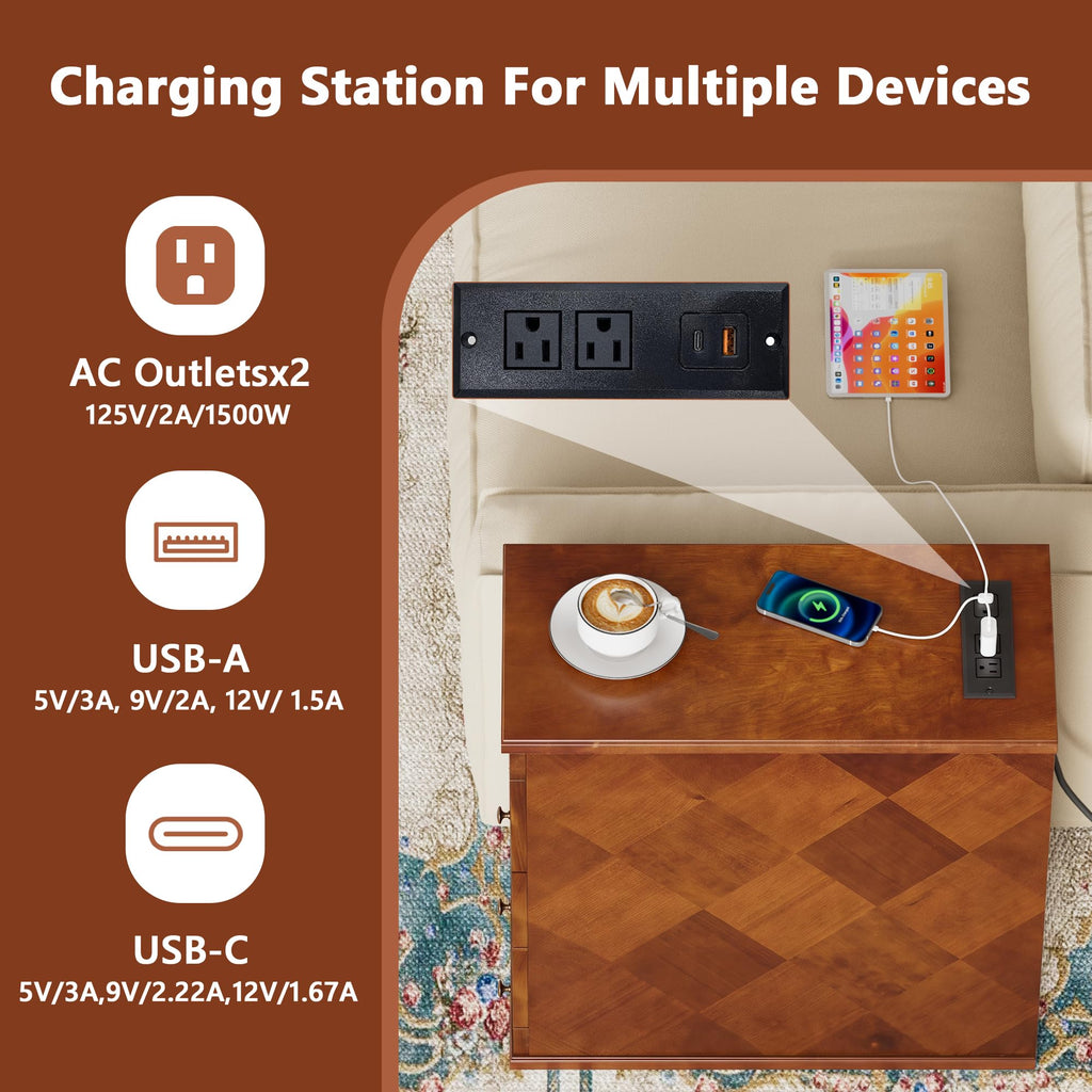 Solid Wood Narrow End Table with Charging Station Set of 2 Q719