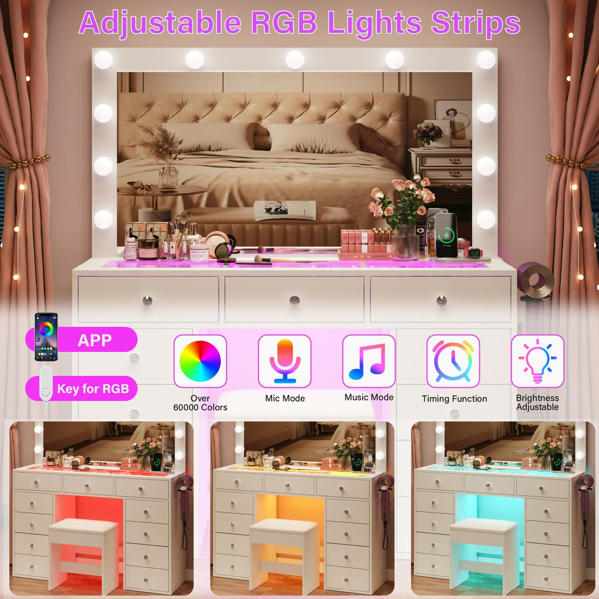 45" Large White Vanity Desk with RGB Lighting Y1296