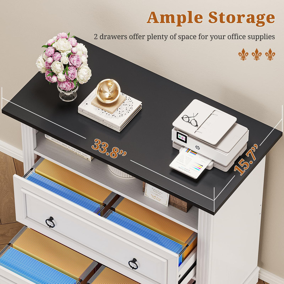 White 2 Drawer Wood File Cabinet with Storage Shelf B906108