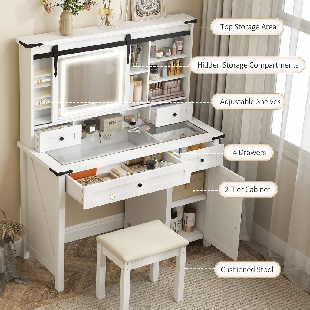 White Vanity Desk with Mirror, LED Lights, Stool A81379