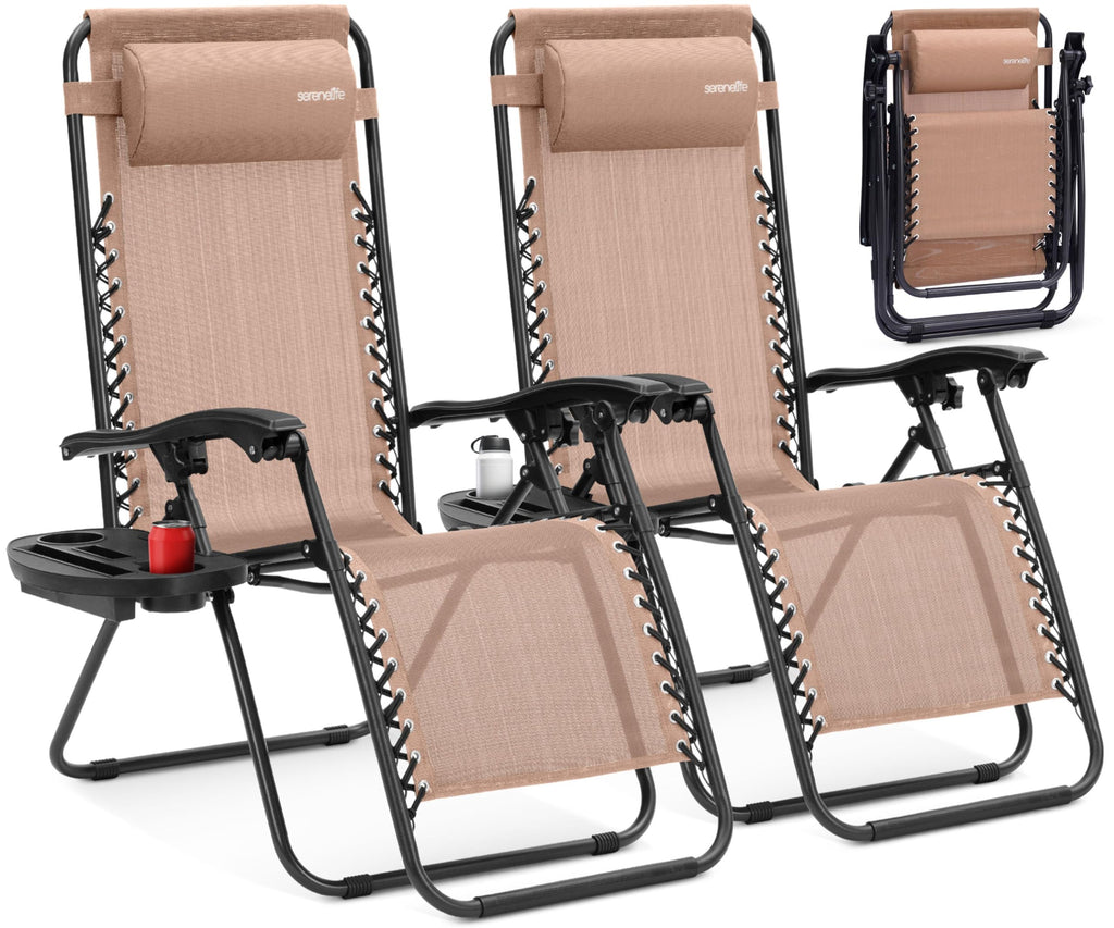 Adjustable Steel Mesh Zero Gravity Chairs Set of 2 with Cup Holder Tray O529