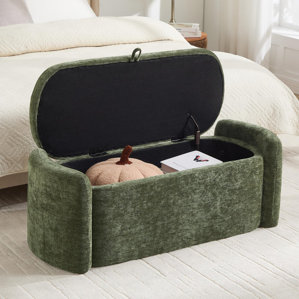 Green Chenille Upholstered Storage Ottoman Bench X569