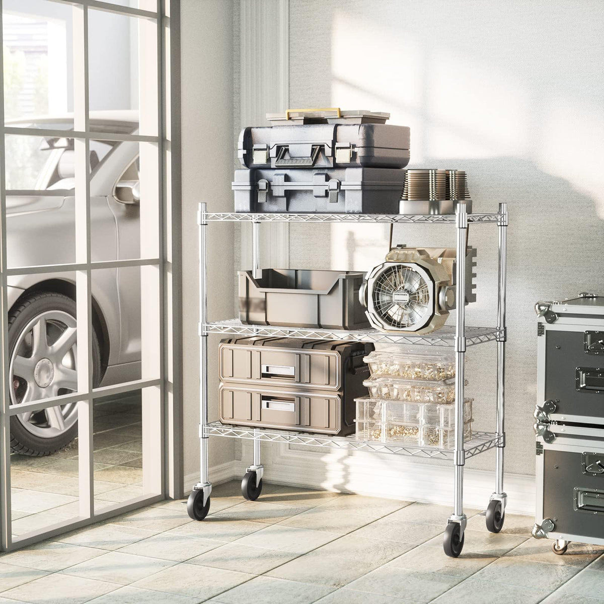 3-Tier Heavy Duty Metal Storage Shelves with Casters M824074