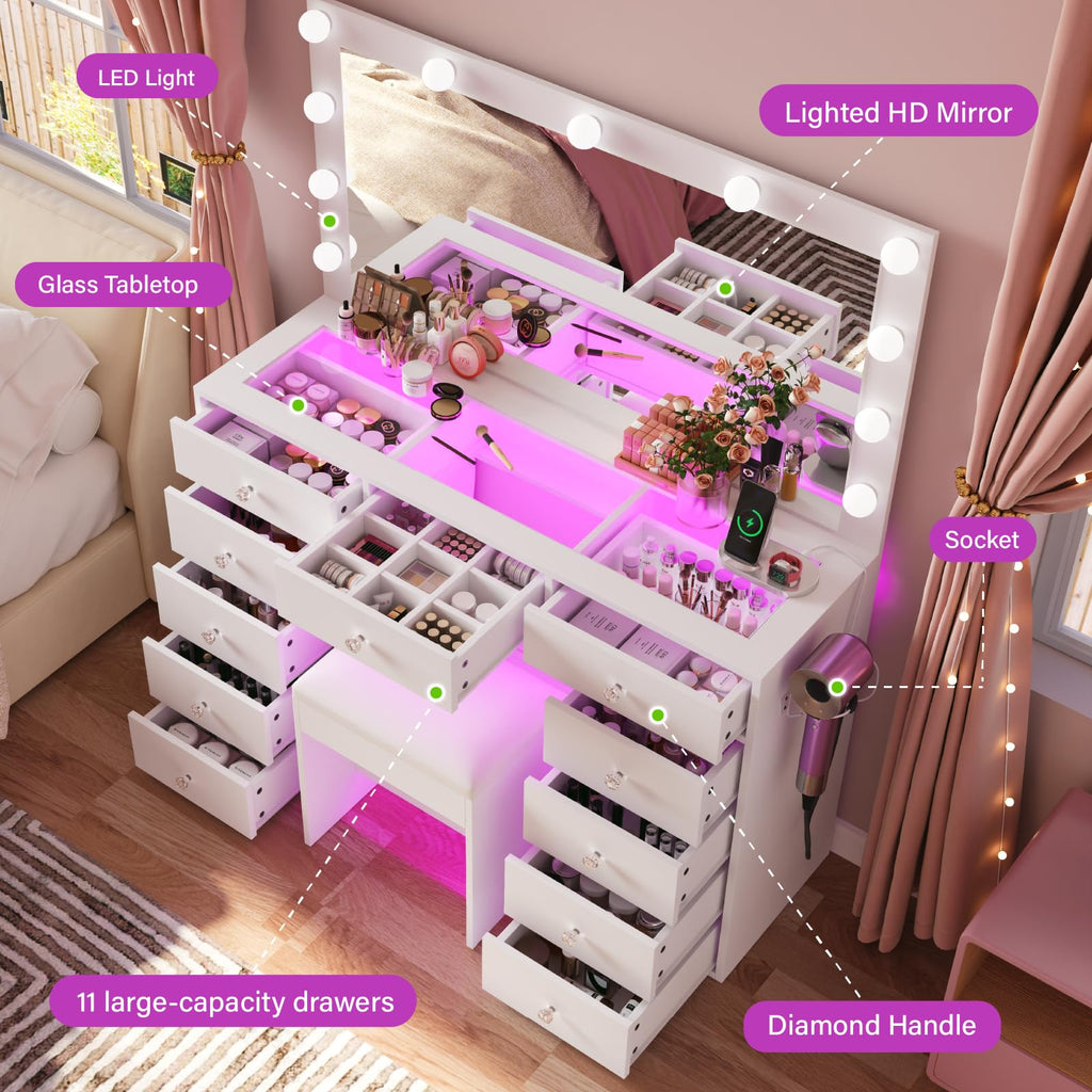 45" Large White Vanity Desk with RGB Lighting Y1296